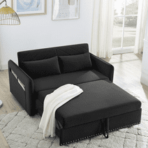 Aukfa 3 in 1 Convertible Sofa Bed, 55" Velvet Loveseat Sleeper with 2 Pillows & USB Port, Black