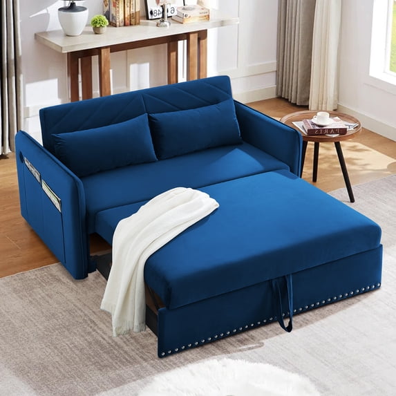 Aukfa 3 in 1 Convertible Sofa Bed, 55" Velvet Loveseat Sleeper with 2 Pillows & USB Port, Blue