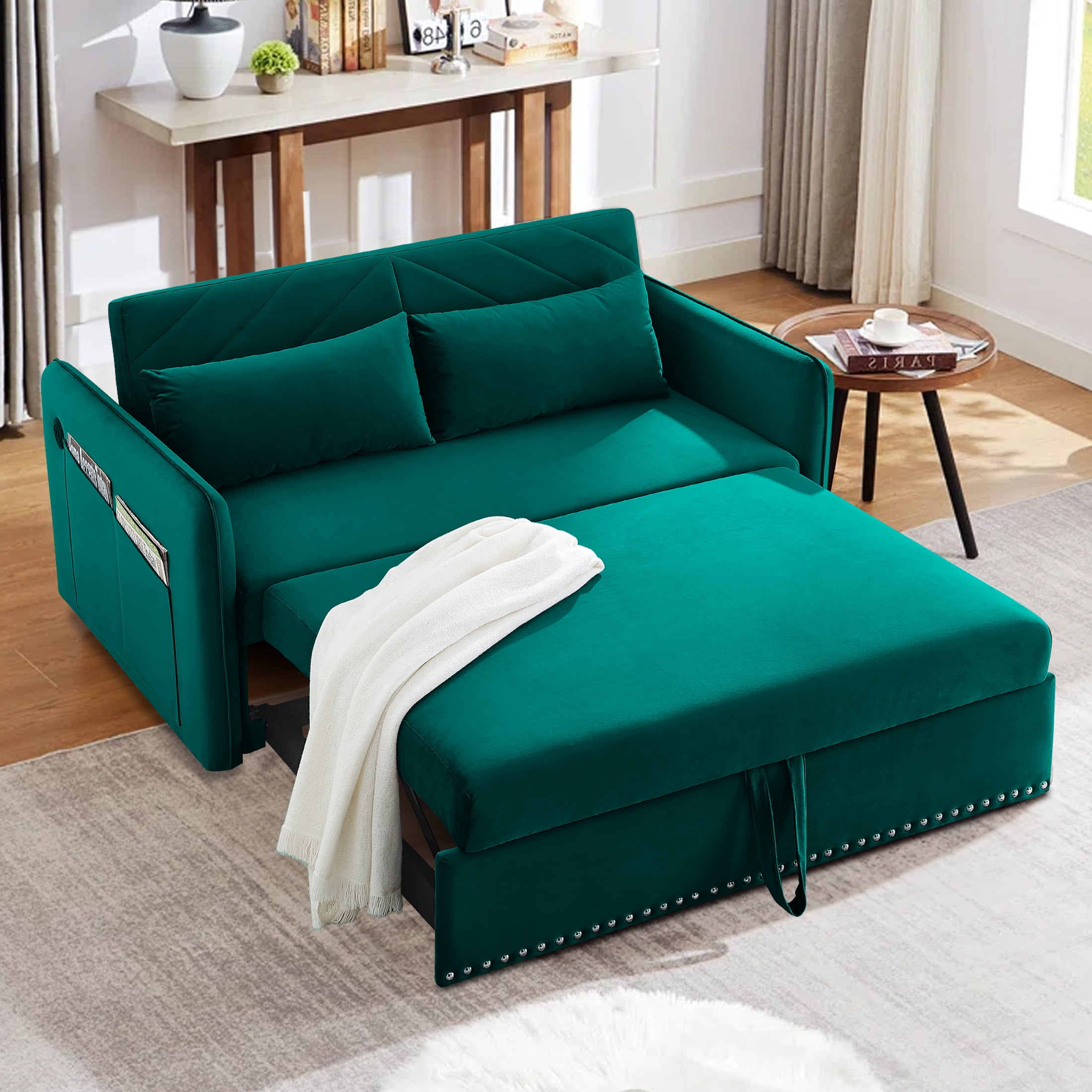 Aukfa 3 in 1 Convertible Sofa Bed, 55" Velvet Loveseat Sleeper with 2 Pillows & USB Port, Green