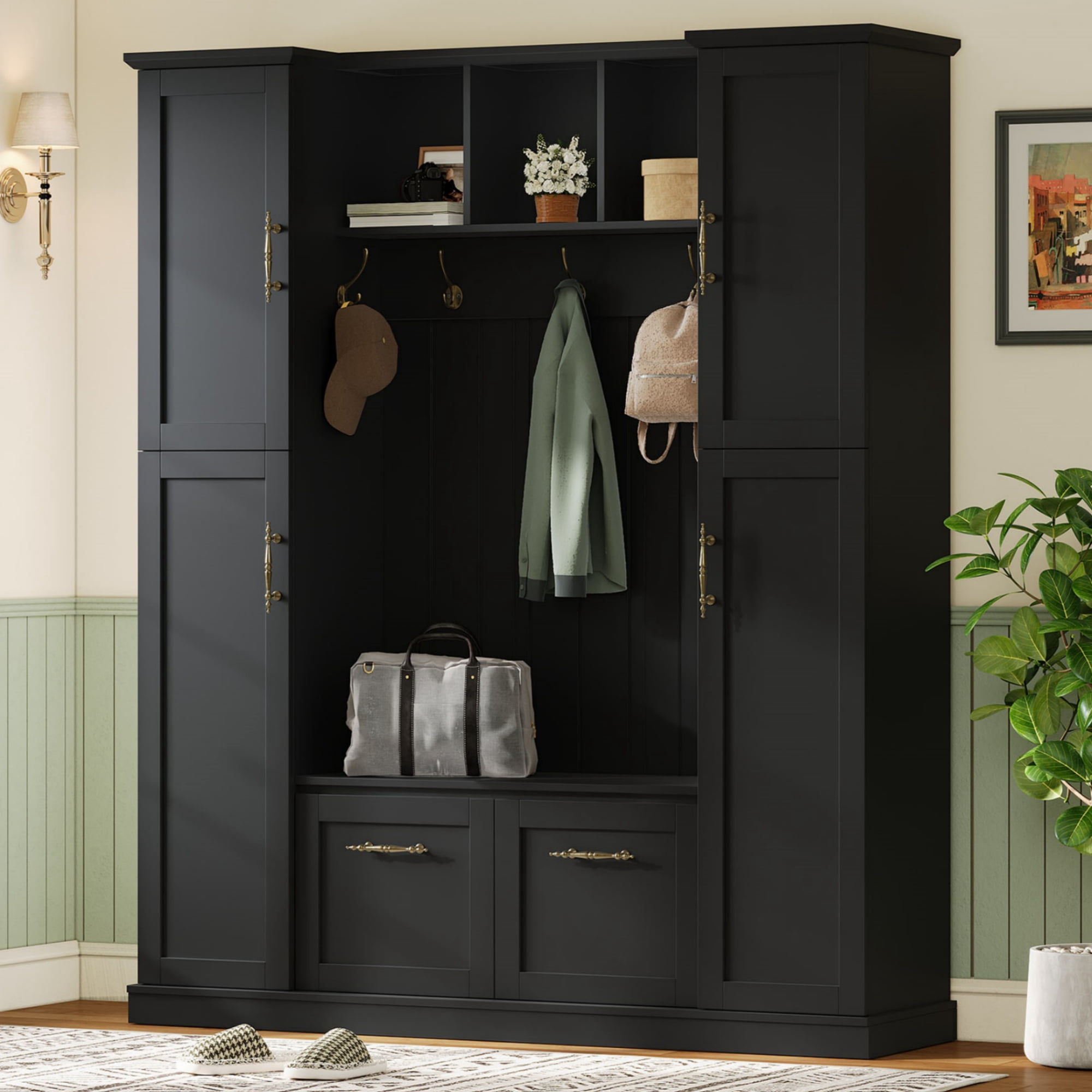 Aukfa 3-in-1 Large Hall Tree with Storage Bench, Mudroom Entryway Bench with 4 Side Cabinets & 5 Hooks,Black