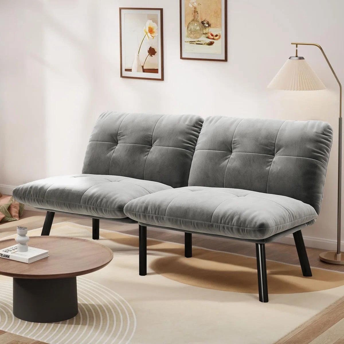 Aukfa 3-in-1 Velvet Futon Sofa Bed, 63" Sleep Sofa with Split 5-Position Backrests, Gray