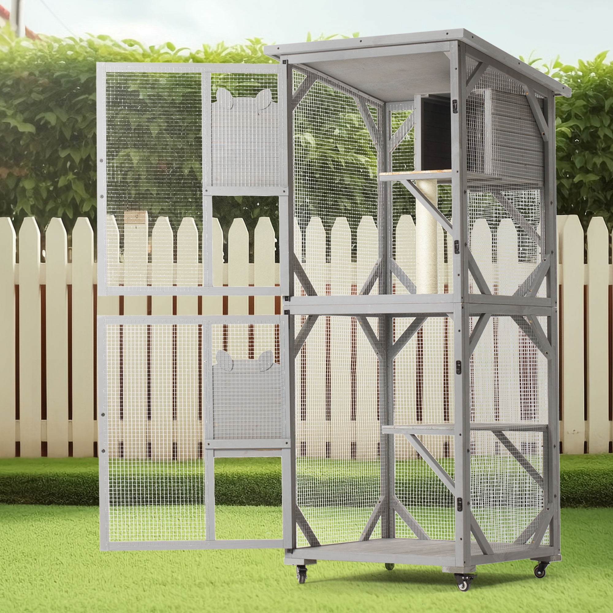 Aukfa 30.7" Wooden Catio Outdoor Pet Large Cat House with Waterproof Top & Wheels for Mulitiple Cats Walk in Cat Cage,Gray