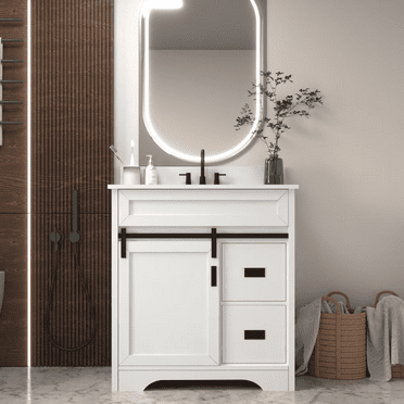 Aukfa 30"Bathroom Vanity with Sink,Farmhouse Undermount Freestanding Bathroom Sink Cabinet,White