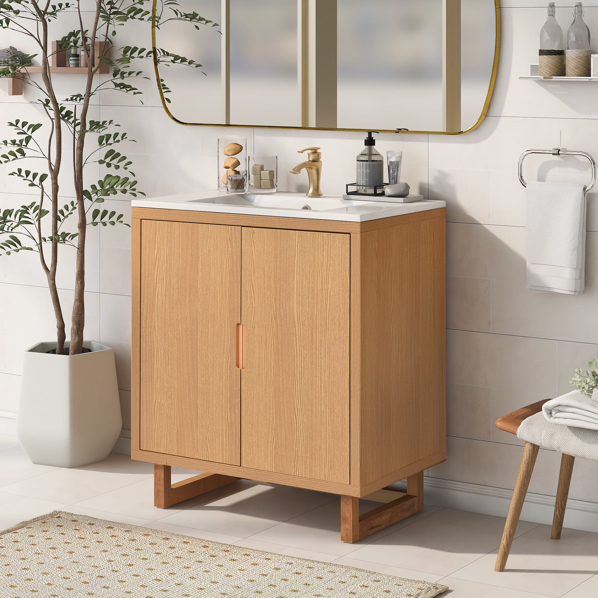 Aukfa 30" Bathroom Vanity with Sink, Freestanding Solid Wood Vanity Cabinet for Bathrooms/ Powder Rooms,Brown