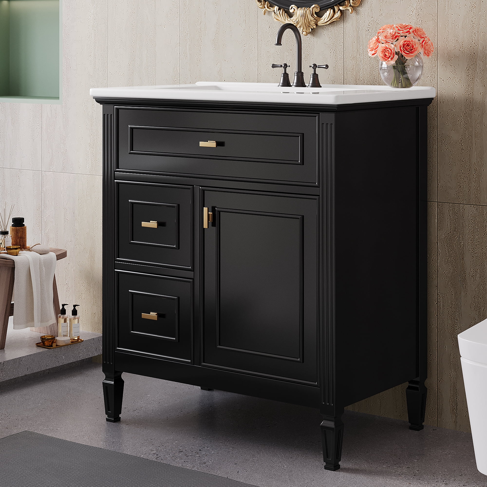 Aukfa 30" Bathroom Vanity with Sink,Modern Bathroom Sink Cabinet for Small Spaces,Ceramic Top & Flip Drawer,Black