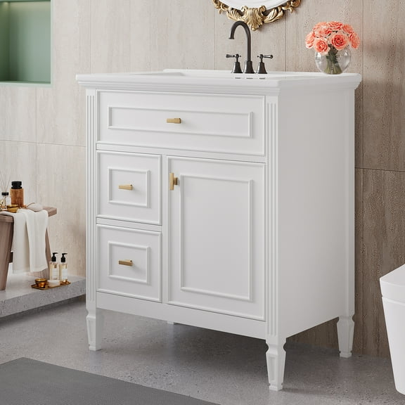 Aukfa 30" Bathroom Vanity with Sink,Modern Bathroom Sink Cabinet for Small Spaces,Ceramic Top & Flip Drawer,White
