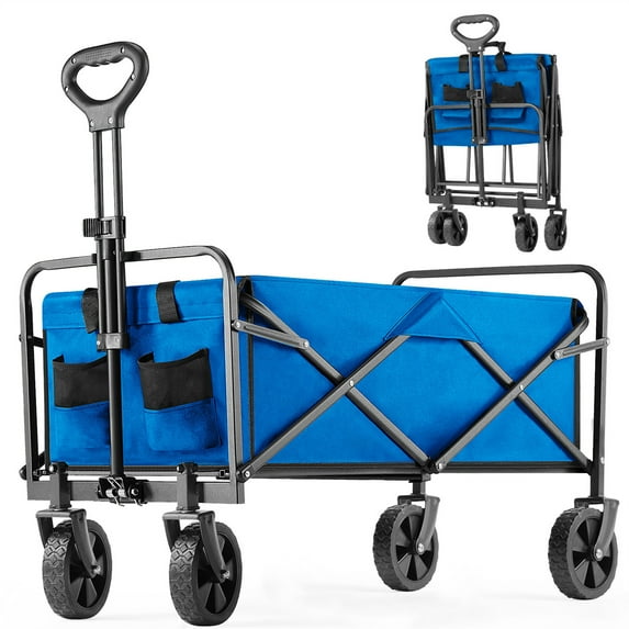 Aukfa 30" Larger Collapsible Wagon Cart, Heavy Duty Utility Cart for Shopping Camping, Blue
