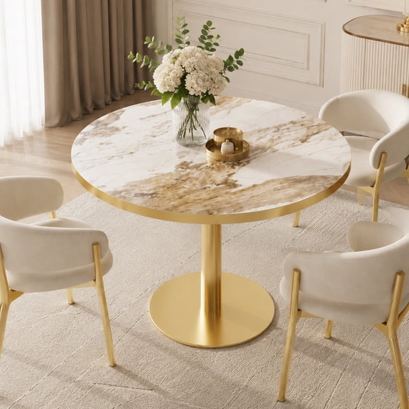 Aukfa 31.5" Round Sintered Stone Dining Table for 2-4, Kitchen Table Tulip Table with Gold Pedestal Base for Bistro Small Apartment,Calacatta Gold Marble