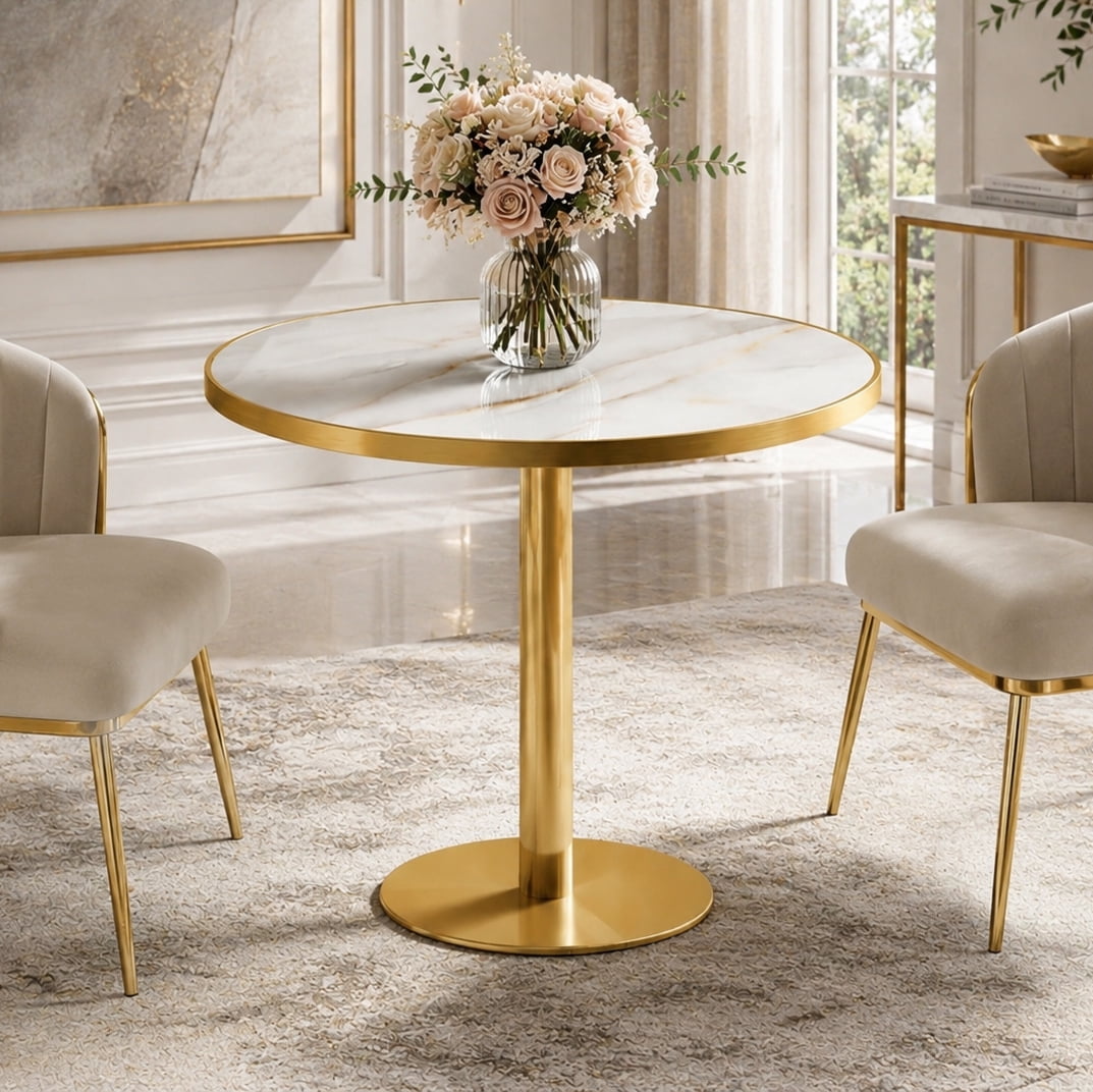 Aukfa 31.5" Round Sintered Stone Dining Table for 2-4, Kitchen Table Tulip Table with Gold Pedestal Base for Bistro Small Apartment,Ivory White Marble