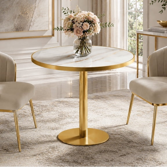 Aukfa 31.5" Round Sintered Stone Dining Table for 2-4, Kitchen Table Tulip Table with Gold Pedestal Base for Bistro Small Apartment,Ivory White Marble