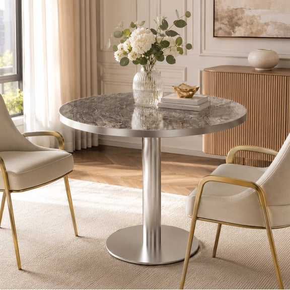 Aukfa 31.5" Round Sintered Stone Dining Table for 2-4, Kitchen Table Tulip Table with Silver Pedestal Base for Bistro Small Apartment,Silver Gray Marble