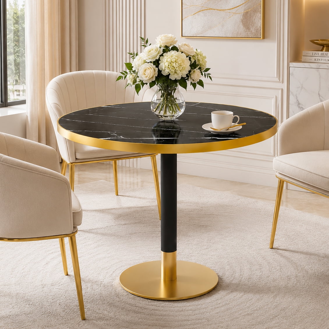 Aukfa 31.5" Round Sintered Stone Dining Table for 2-4, Kitchen Table Tulip Table with Gold Pedestal Base for Bistro Small Apartment,Black Onyx