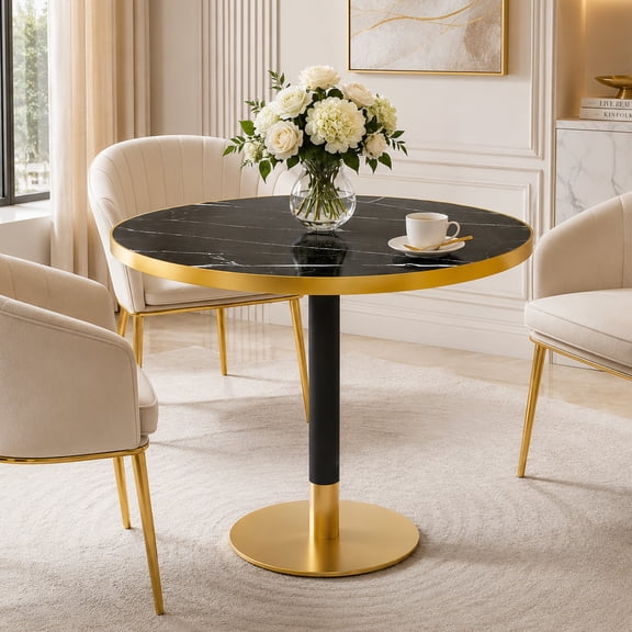 Aukfa 31.5" Round Sintered Stone Dining Table for 2-4, Kitchen Table Tulip Table with Gold Pedestal Base for Bistro Small Apartment,Black Onyx