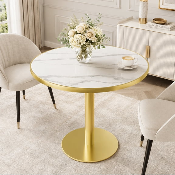 Aukfa 31.5" Round Sintered Stone Dining Table for 2-4, Kitchen Table Tulip Table with Gold Pedestal Base for Bistro Small Apartment,Carrara White