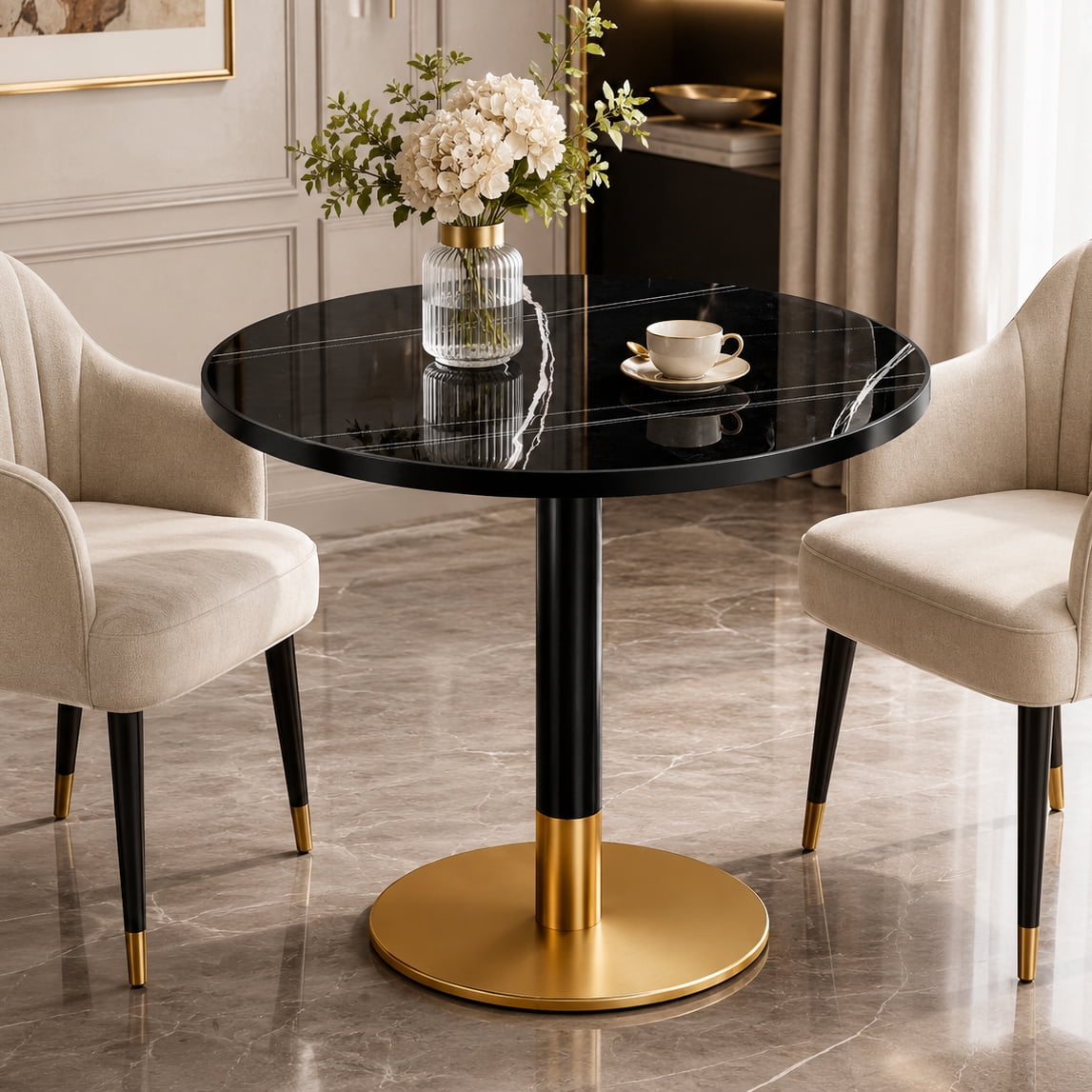 Aukfa 31.5" Round Sintered Stone Dining Table for 2-4, Kitchen Table Tulip Table with Gold Pedestal Base for Bistro Small Apartment,Nero Black