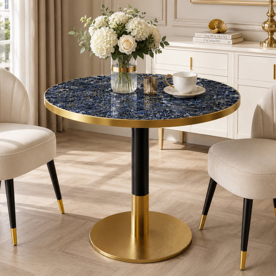 Aukfa 31.5" Round Sintered Stone Dining Table for 2-4, Kitchen Table Tulip Table with Gold Pedestal Base for Bistro Small Apartment,Sapphire Blue