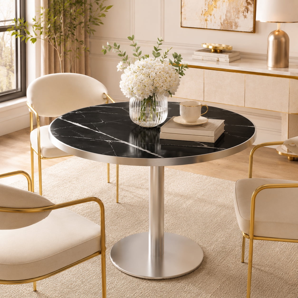 Aukfa 31.5" Round Sintered Stone Dining Table for 2-4, Kitchen Table Tulip Table with Silver Pedestal Base for Bistro Small Apartment,Obsidian Black
