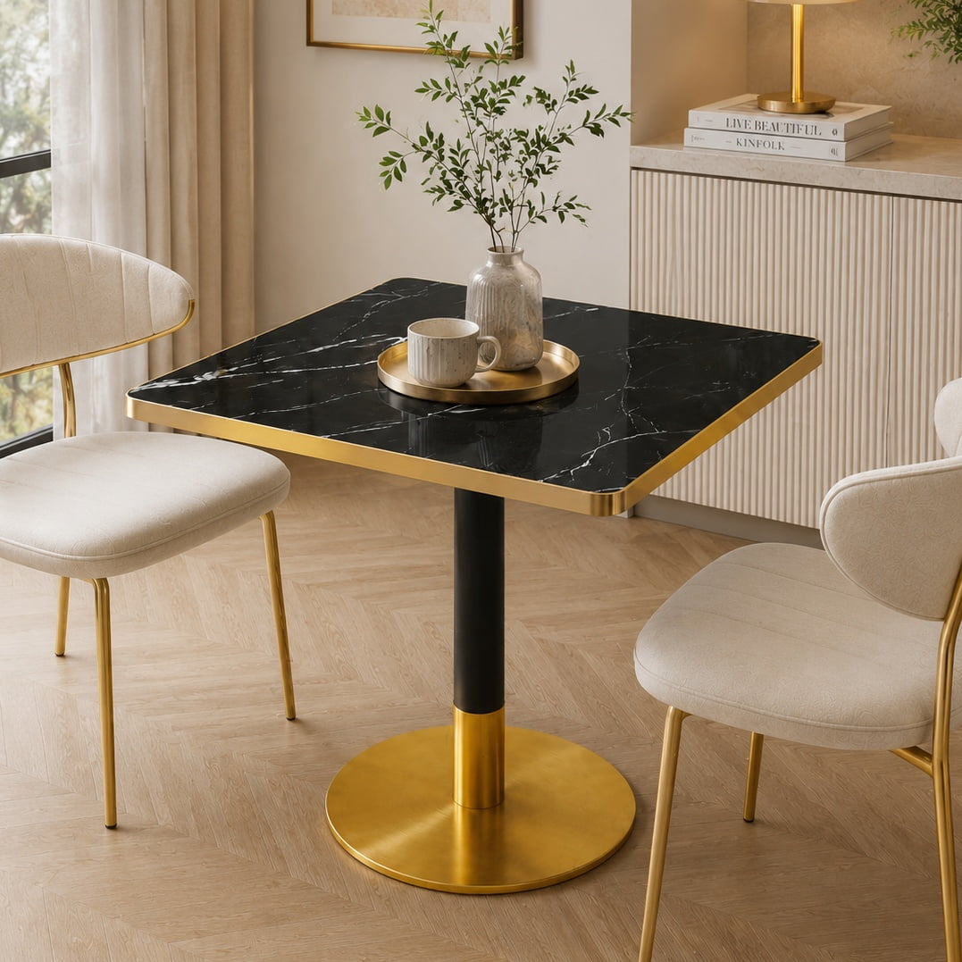 Aukfa 31.5" Square Dining Table for 2-4, Marble-Look Sintered Stone Top, Gold Pedestal Base, Small Spaces,Black Onyx