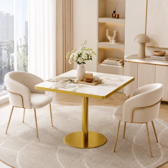 Aukfa 31.5" Square Dining Table for 2-4, Marble-Look Sintered Stone Top, Gold Pedestal Base, Small Spaces,Calacatta Gold Marble