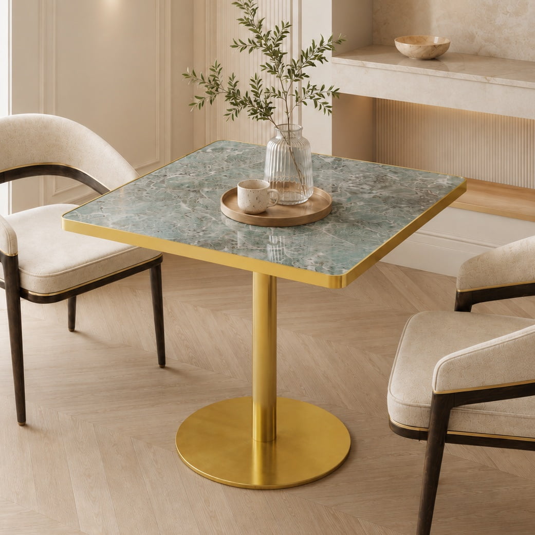 Aukfa 31.5" Square Dining Table for 2-4, Marble-Look Sintered Stone Top, Gold Pedestal Base, Small Spaces,Jade Green Marble