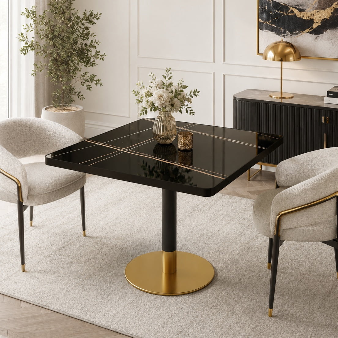 Aukfa 31.5" Square Dining Table for 2-4, Marble-Look Sintered Stone Top, Gold Pedestal Base, Small Spaces,Nero Black
