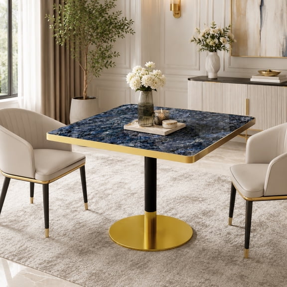 Aukfa 31.5" Square Dining Table for 2-4, Marble-Look Sintered Stone Top, Gold Pedestal Base, Small Spaces,Sapphire Blue