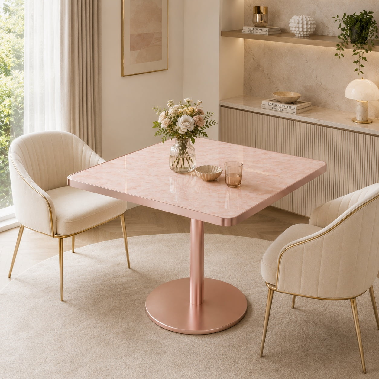 Aukfa 31.5" Square Dining Table for 2-4, Marble-Look Sintered Stone Top, Rose Gold Pedestal Base, Small Spaces,Blush Pink