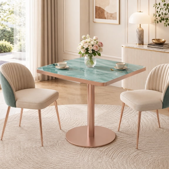 Aukfa 31.5" Square Dining Table for 2-4, Marble-Look Sintered Stone Top, Rose Gold Pedestal Base, Small Spaces,Emerald Green