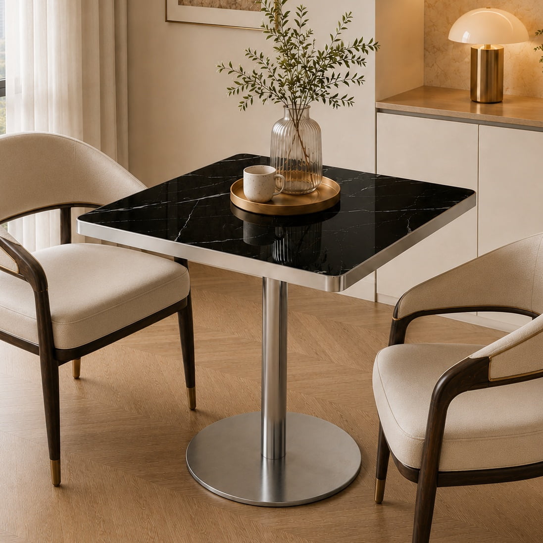 Aukfa 31.5" Square Dining Table for 2-4, Marble-Look Sintered Stone Top, Silver Pedestal Base, Small Spaces,Obsidian Black