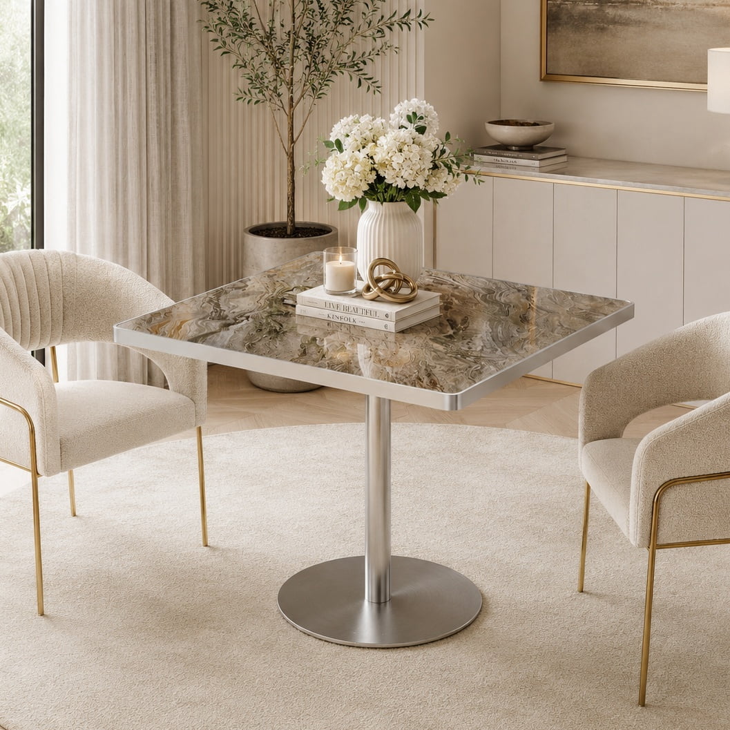 Aukfa 31.5" Square Dining Table for 2-4, Marble-Look Sintered Stone Top, Silver Pedestal Base, Small Spaces,Silver Gray Marble