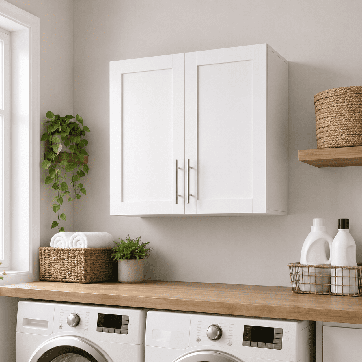 Aukfa 31.5" Wall Mounted Storage Cabinet with Adjustable Shelves, Stackable Utility Cabinet for Laundry Room & Kitchen, White