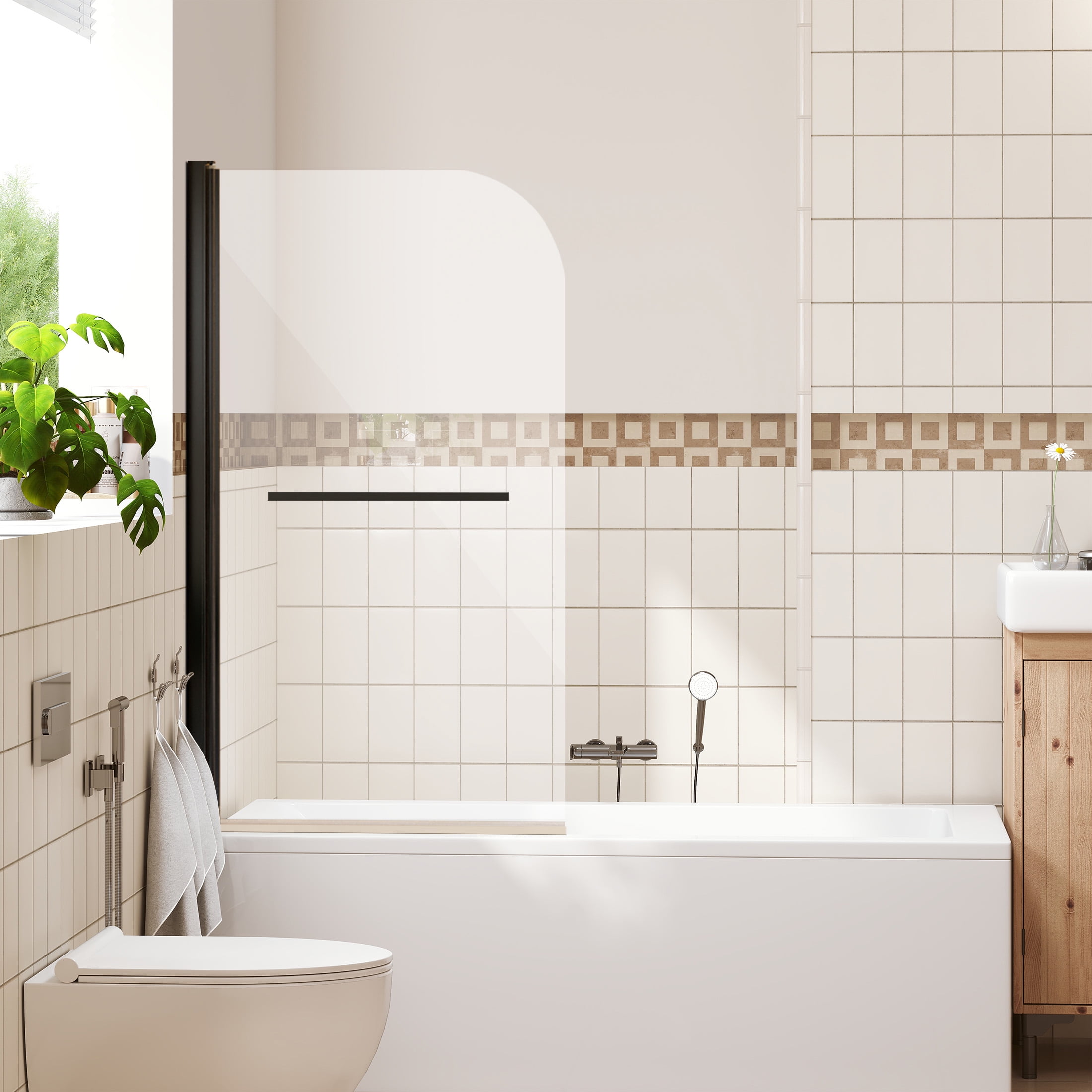 31"W x 55"H Frameless Matte Black Pivot Tub Door