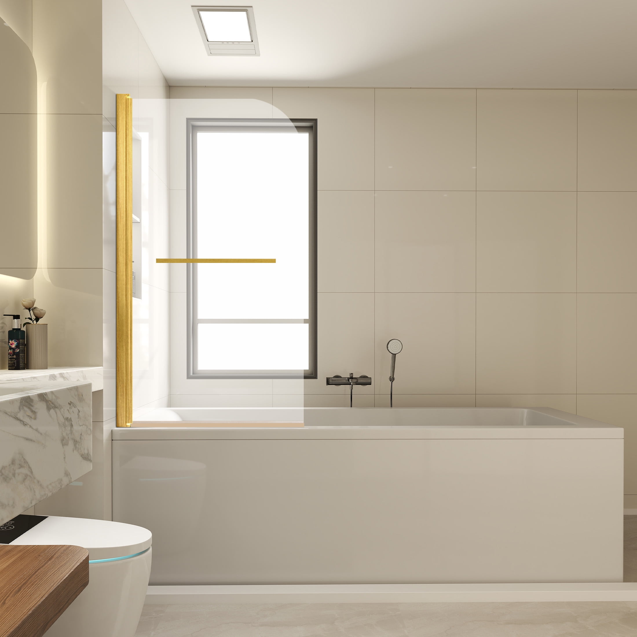 31"W x 55"H Brushed Gold Frameless Tempered Glass Bathtub Door