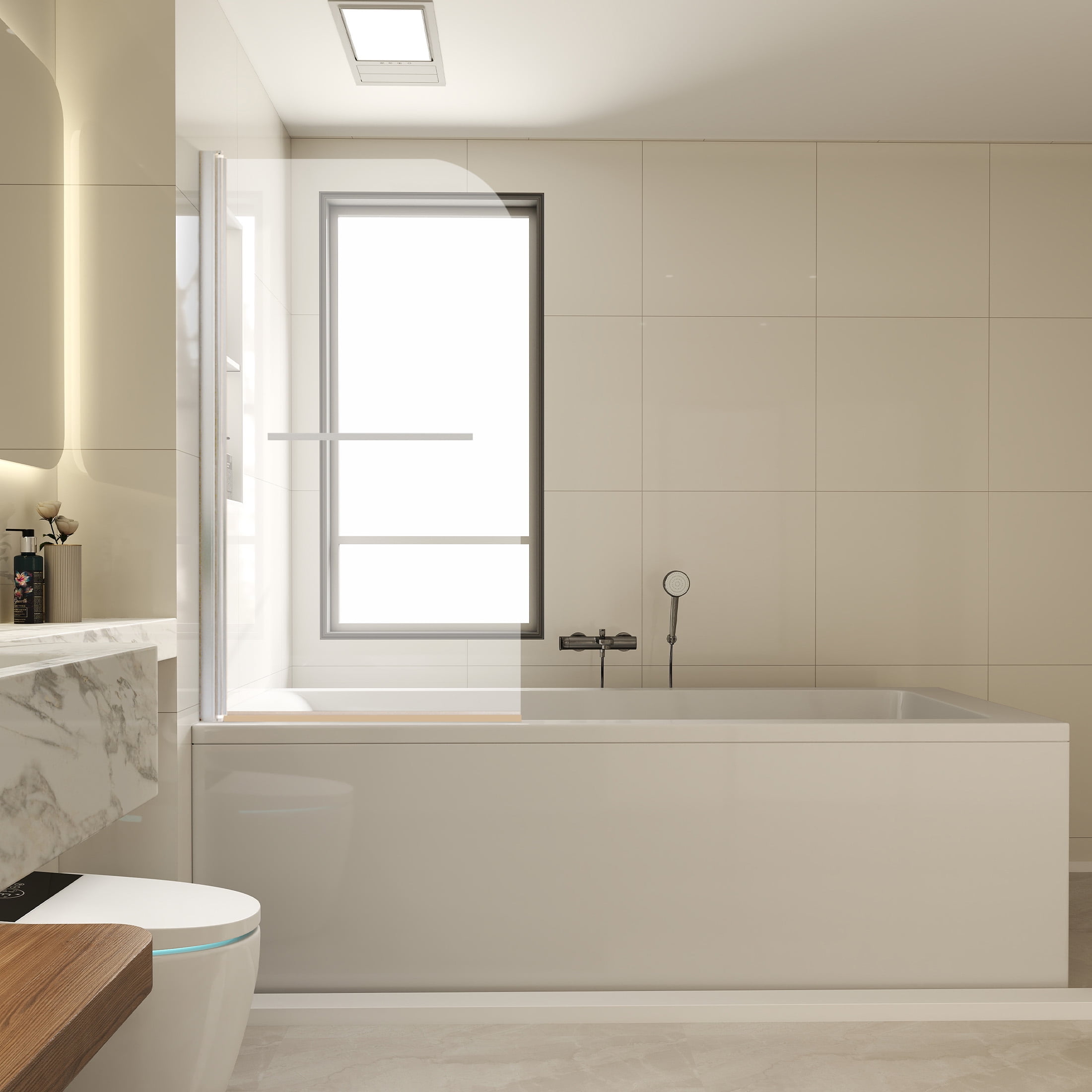 31"W x 55"H Frameless Silver Tempered Glass Bathtub Door