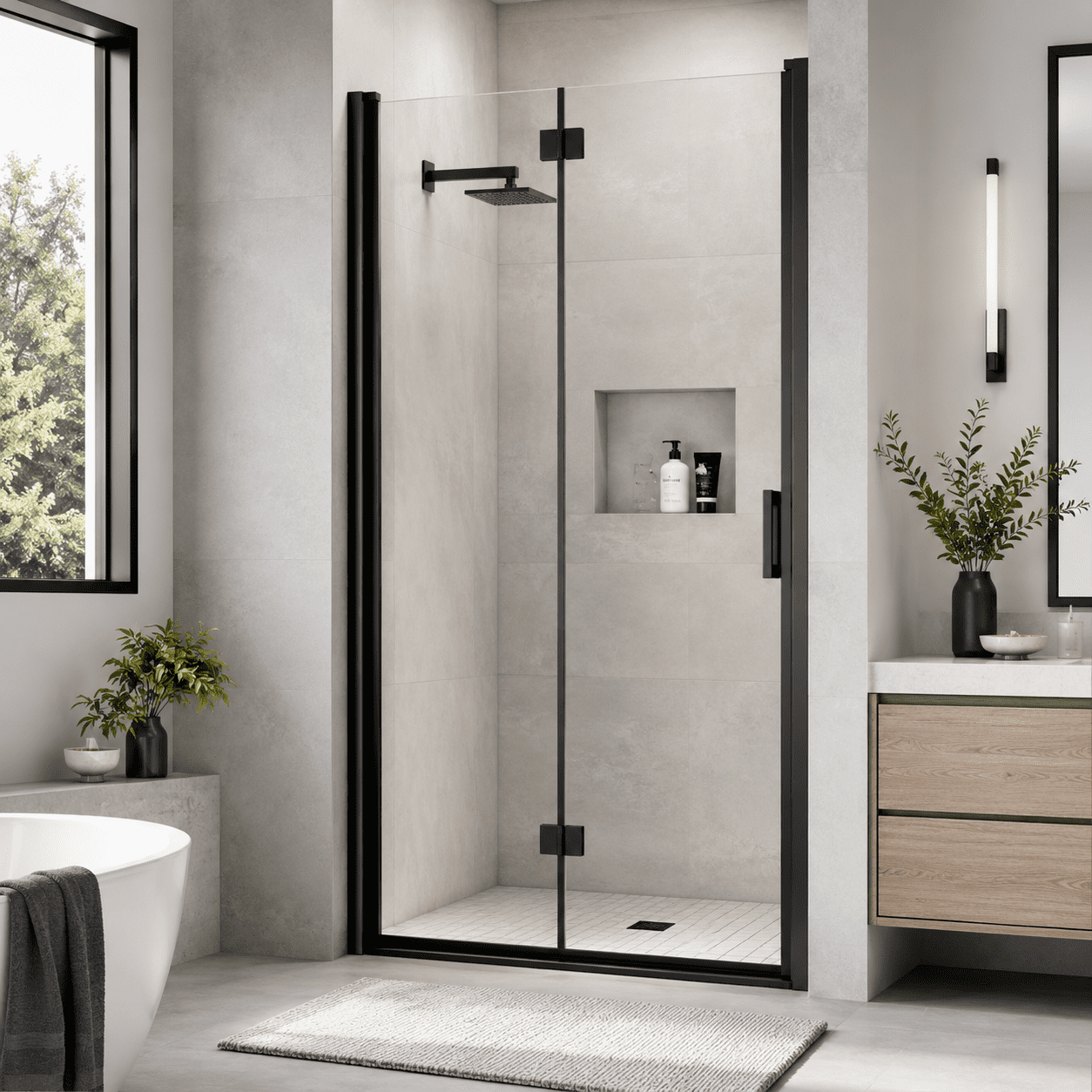 Aukfa 32-33.2" W x 72" H Matte Black Semi-Frameless Pivot Bi-Fold Shower Door, 1/4" Tempered Glass