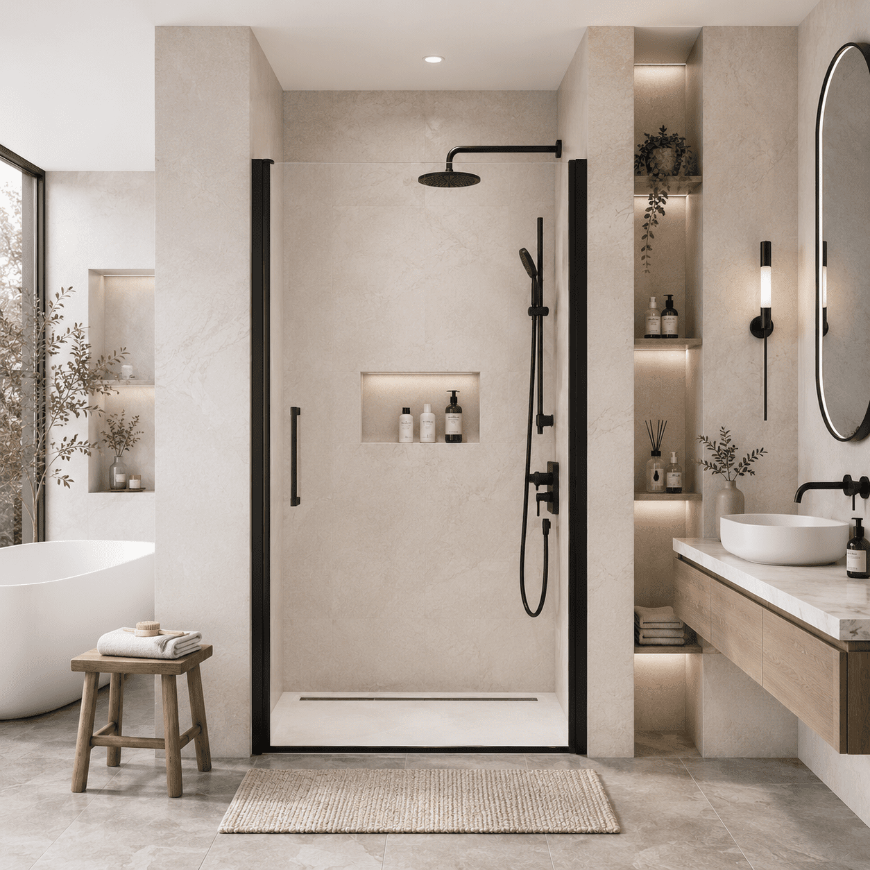 Aukfa 32-33.2" W x 72" H Matte Black Semi-Frameless Pivot Bi-Fold Shower Door, 1/4" Tempered Glass