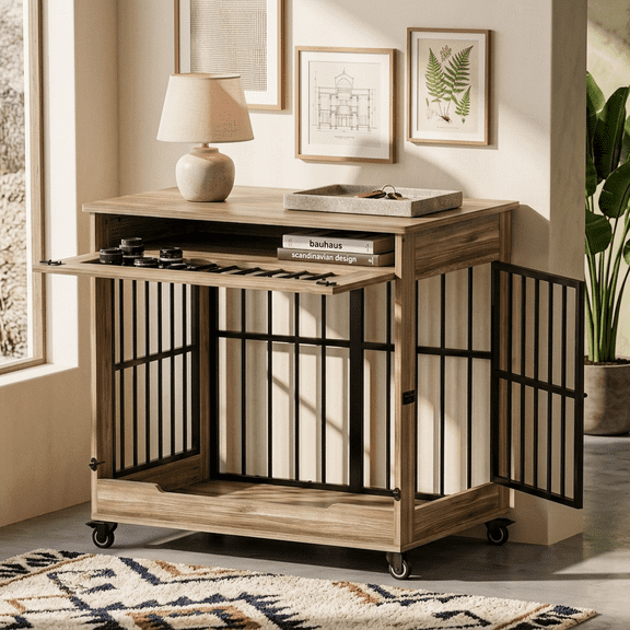 Aukfa 32.5-Inch Large Dog Crate Furniture, Indoor Dog Kennel Decorative Pet Cage End Table, Lift-Up Door, Curtain & Wheels,Greige