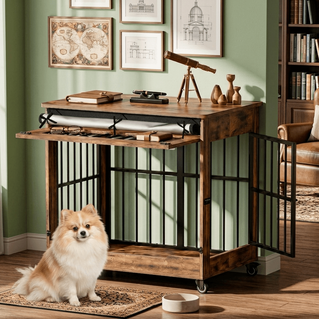 Aukfa 32.5-Inch Large Dog Crate Furniture, Indoor Dog Kennel Decorative Pet Cage End Table, Lift-Up Door, Curtain & Wheels,Rustic Brown