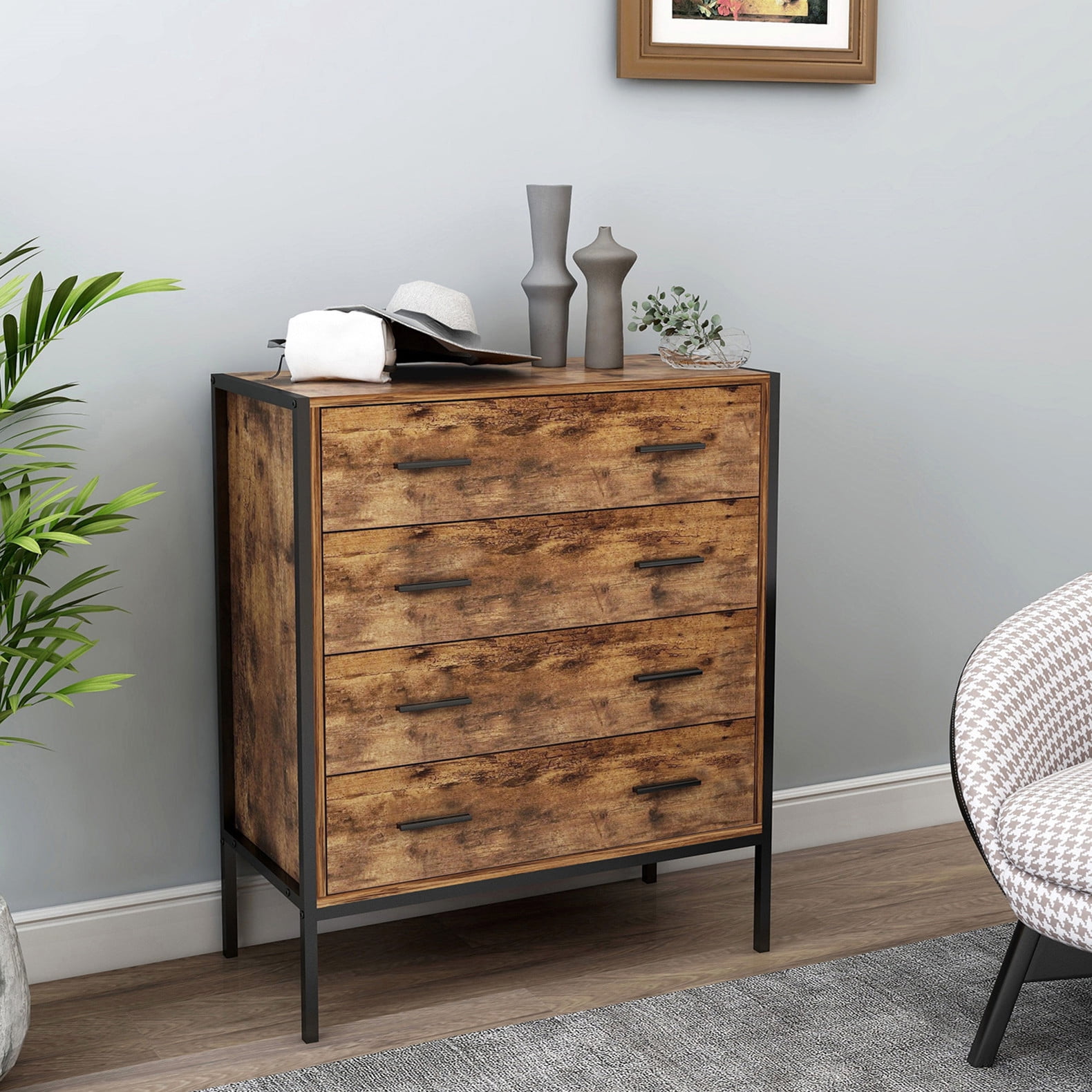 Aukfa 32.7" W Wood 4 Drawer Dresser,Nightstand Chest of Drawer with Anti-fall Device, Brown