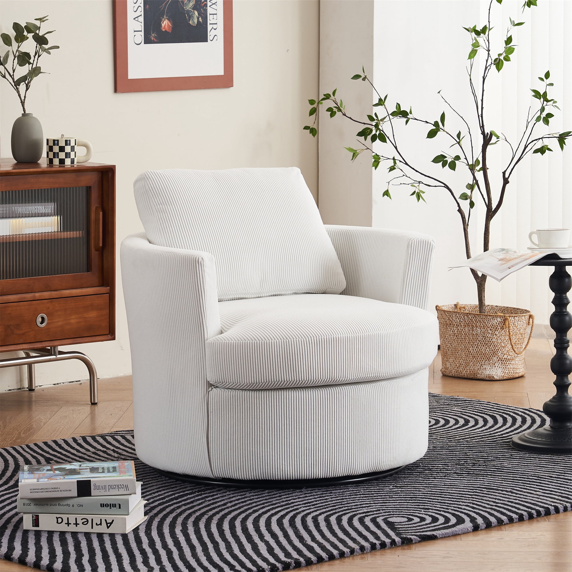 Aukfa 32" Corduroy Swivel Accent Chair Round Barrel Chair for Living Room Bedroom, Beige