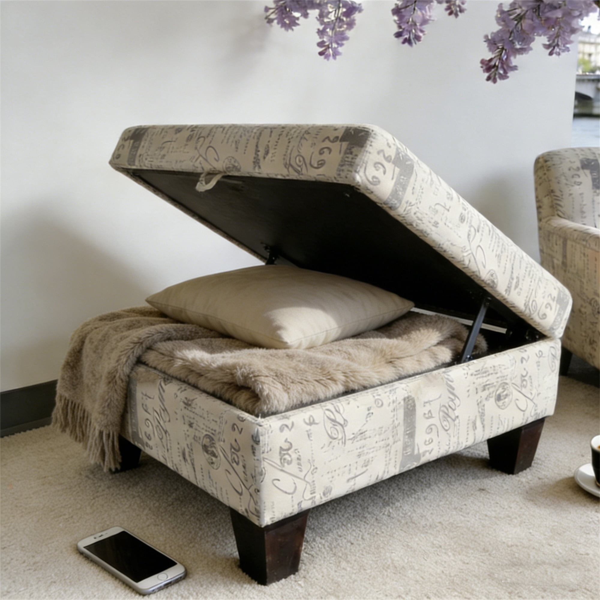 Aukfa 32" Storage Ottoman Bench with Lift Top for Home Office, Linen, Beige