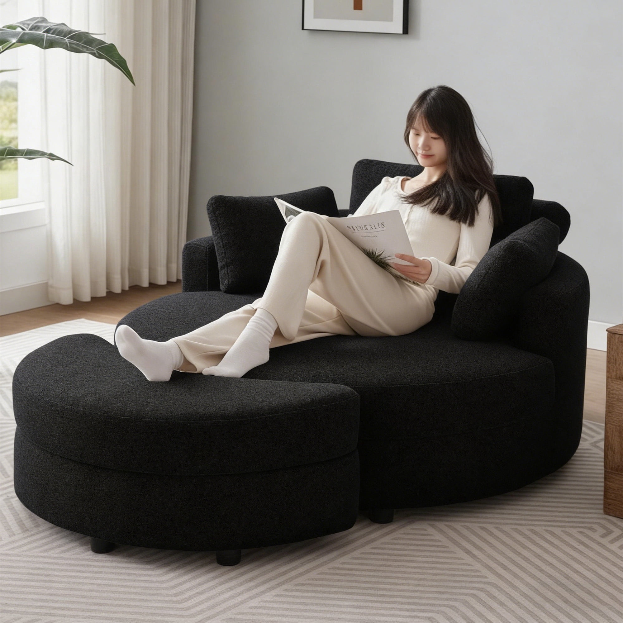 Aukfa 51"W Oversized Barrel Chair Accent Chair with Ottoman for Living Room Bedroom, Linen, Black