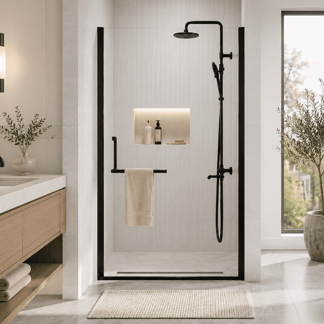 Aukfa 34-35.2" W x 72" H Matte Black Semi-Frameless Pivot Bi-Fold Shower Door, 1/4" Tempered Glass