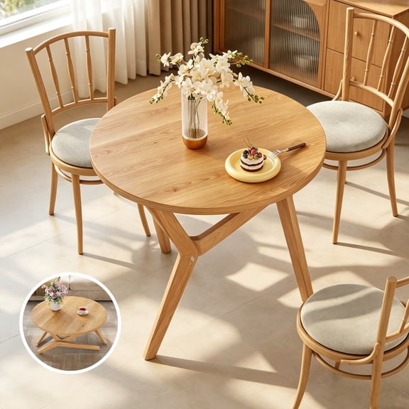 Aukfa 34.5" Convertible Round Dining Table to Coffee Table, Adjustable Height Wood Transformer Table for Small Space, Natural