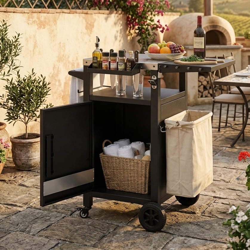 Aukfa 34" Outdoor Grill Cart with Weatherproof Cover, Compact Stainless Steel BBQ Table with Foldable Side Shelf, Black