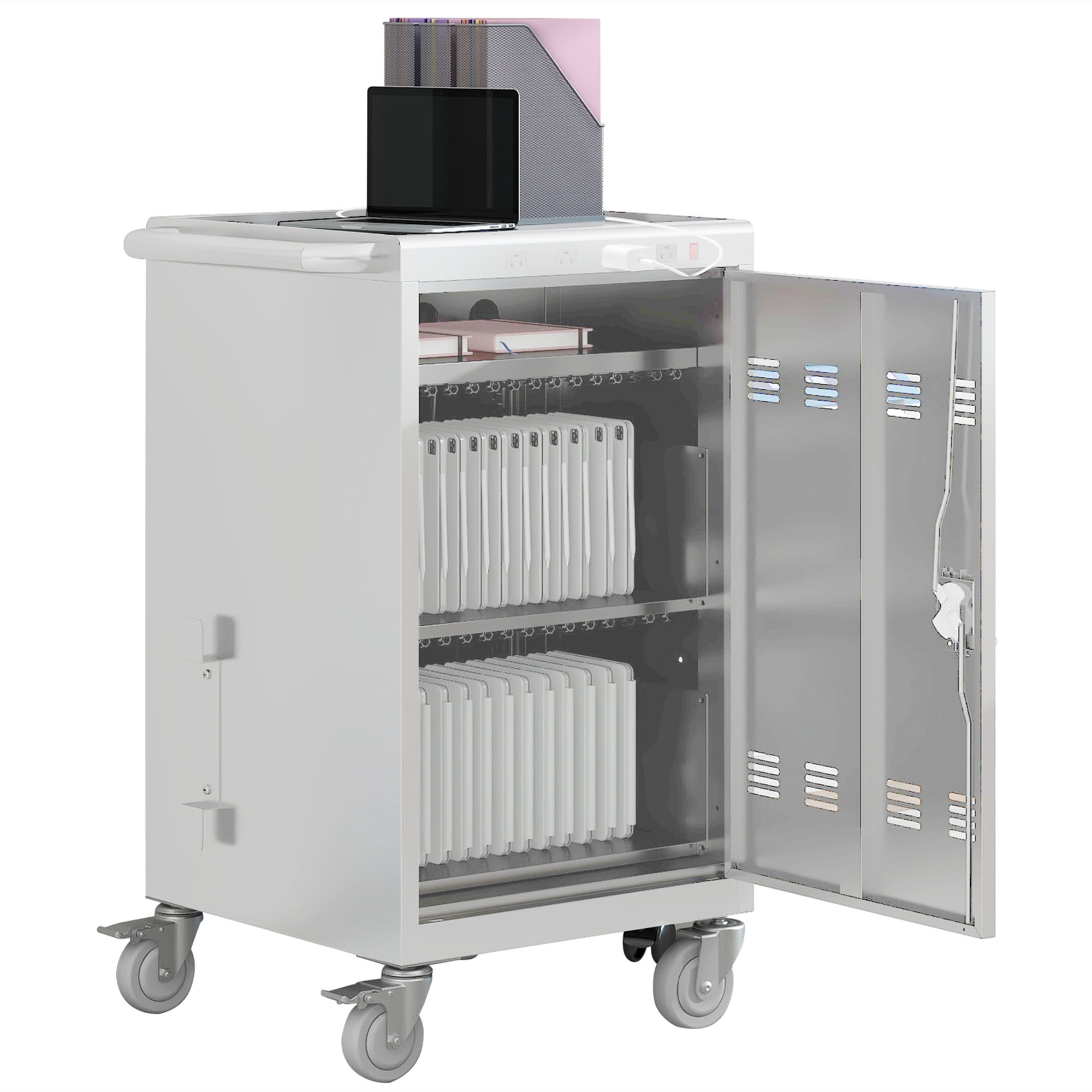 Aukfa 35-Unit Mobile Charging Cart, Classroom Locking Charging Station up to 16-inch Chromebooks and Laptop, White
