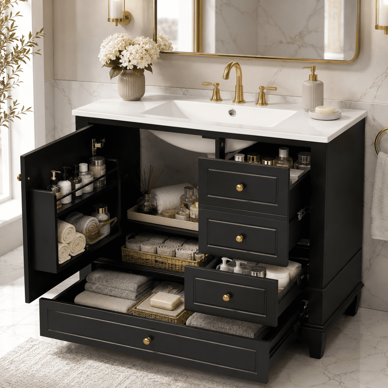 Aukfa 36" Bathroom Vanity with Ceramic Sink, Freestanding Solid Wood Base Cabinet,3 Drawers & Door Shelves,Black