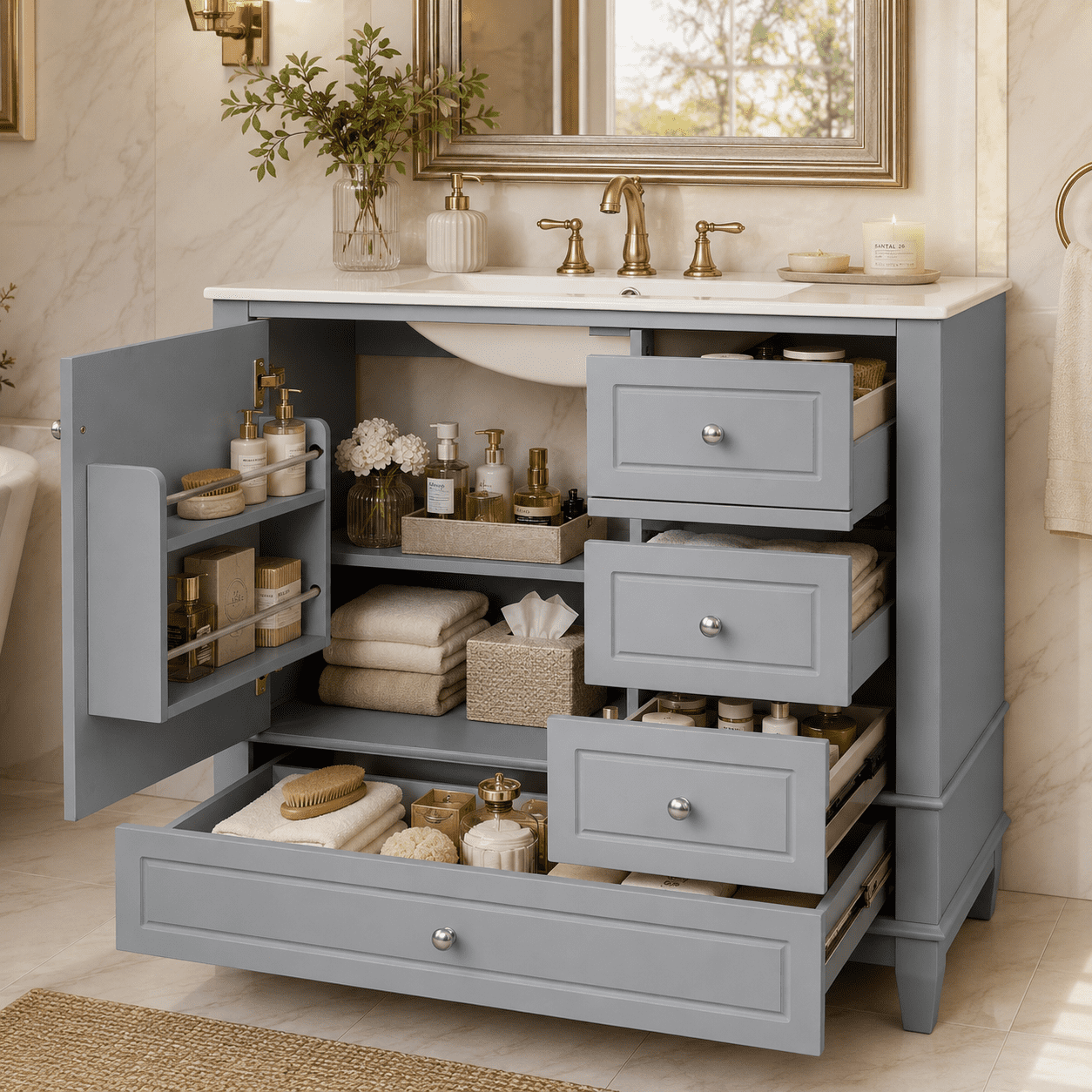 Aukfa 36" Bathroom Vanity with Ceramic Sink, Freestanding Solid Wood Base Cabinet,3 Drawers & Door Shelves,Gray