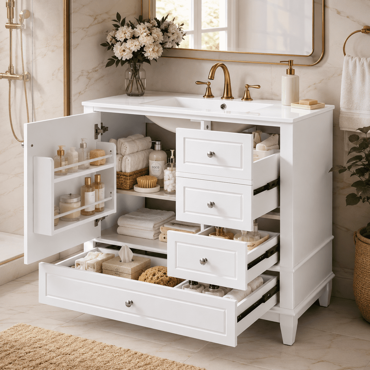 Aukfa 36" Bathroom Vanity with Ceramic Sink, Freestanding Solid Wood Base Cabinet,3 Drawers & Door Shelves,White