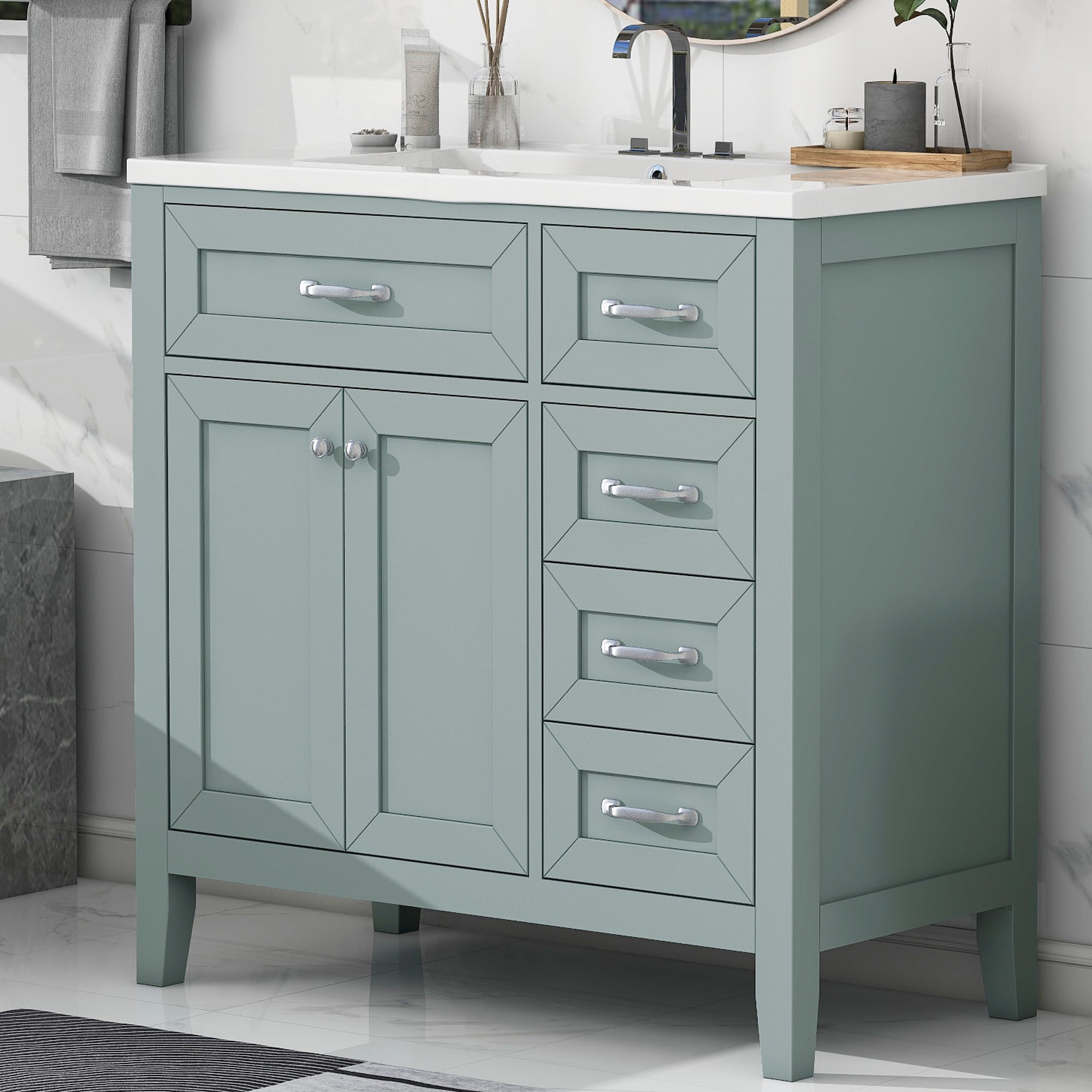 Aukfa 36" Modern Bathroom Vanity with Sink – Single Basin Wood Vanity Set with 2 Doors Cabinet,Green
